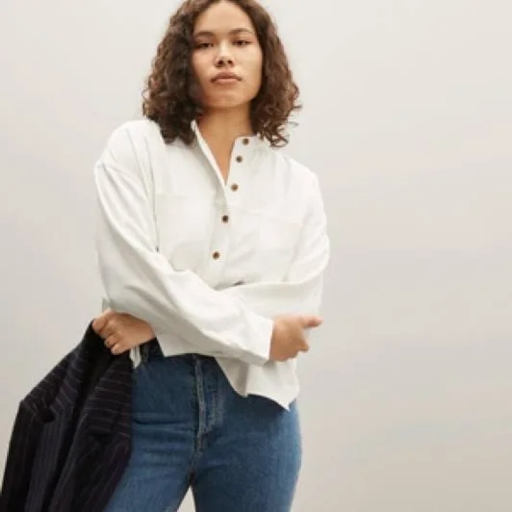 Everlane Shirt Womens Silk Henley Blouse Button Up Pocket Washable